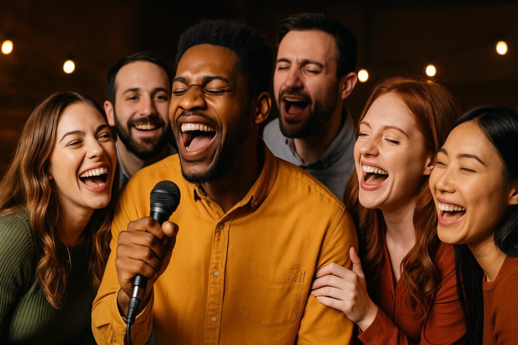 funny-karaoke-night-group-laughing