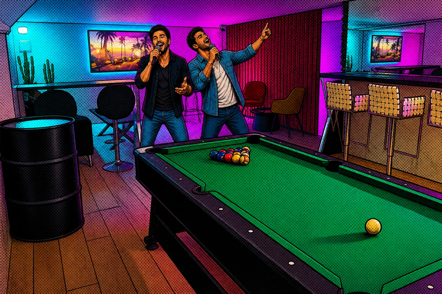 Two friends singing in a private karaoke room