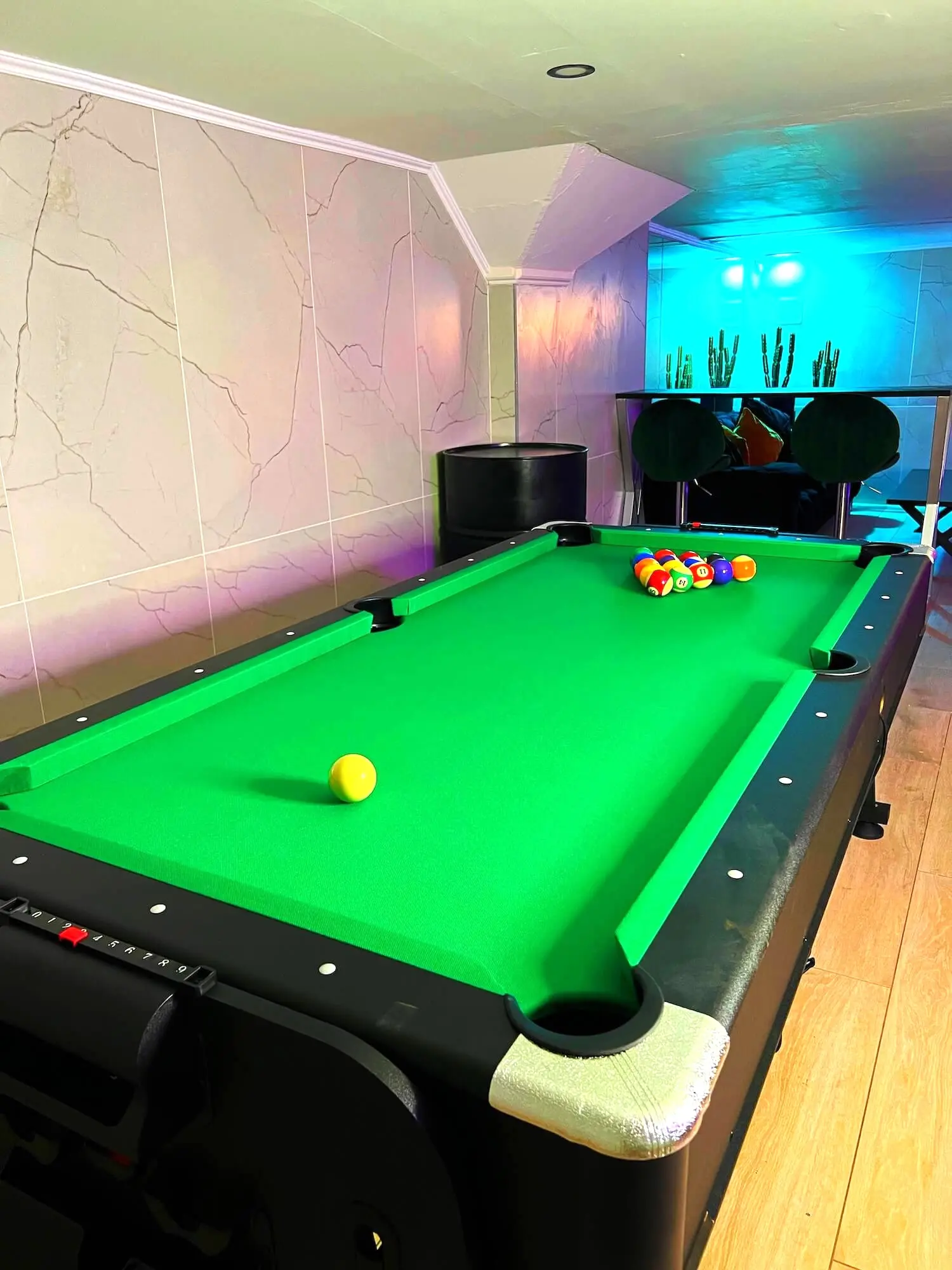 The karaoke and seating area ready for a birthday group