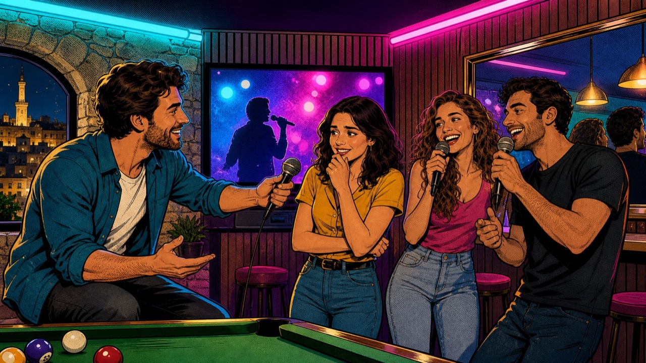 חברים מציעים מיקרופון לחברה בתחילת ערב קריוקי
