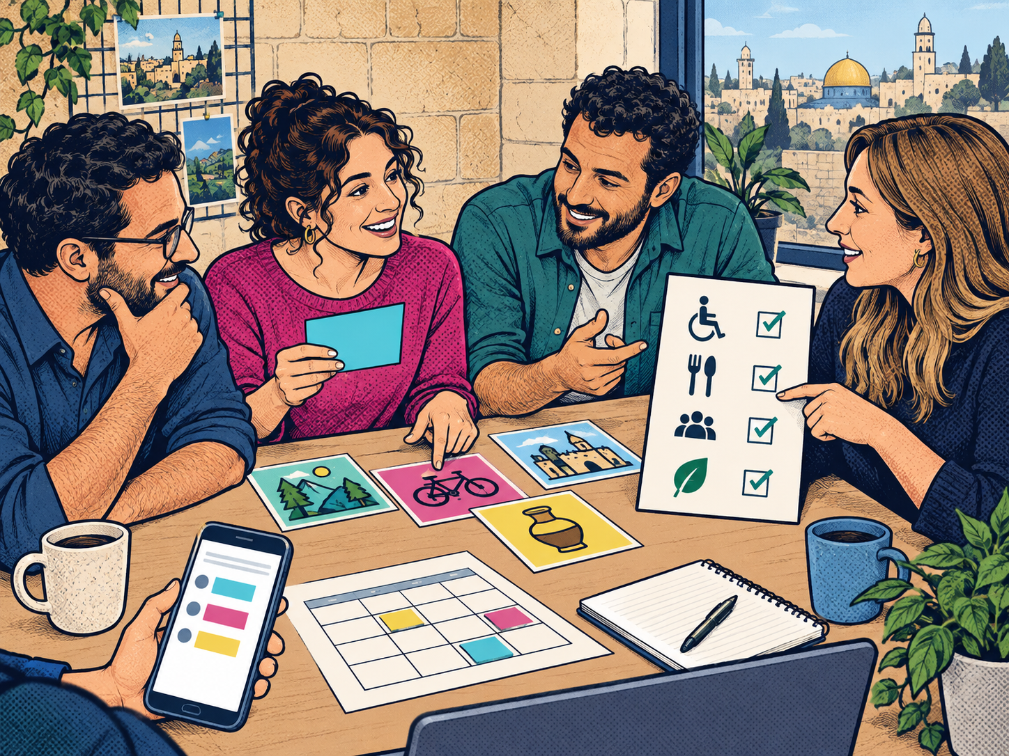 ארבעה עובדים משווים אפשרויות לפעילות גיבוש סביב שולחן