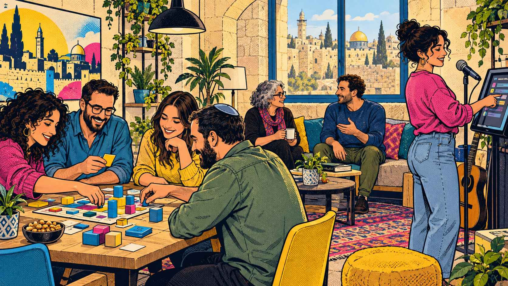 צוות קטן משתתף במשחק, בשיחה ובקריוקי בחלל ירושלמי, באיור קומיקס