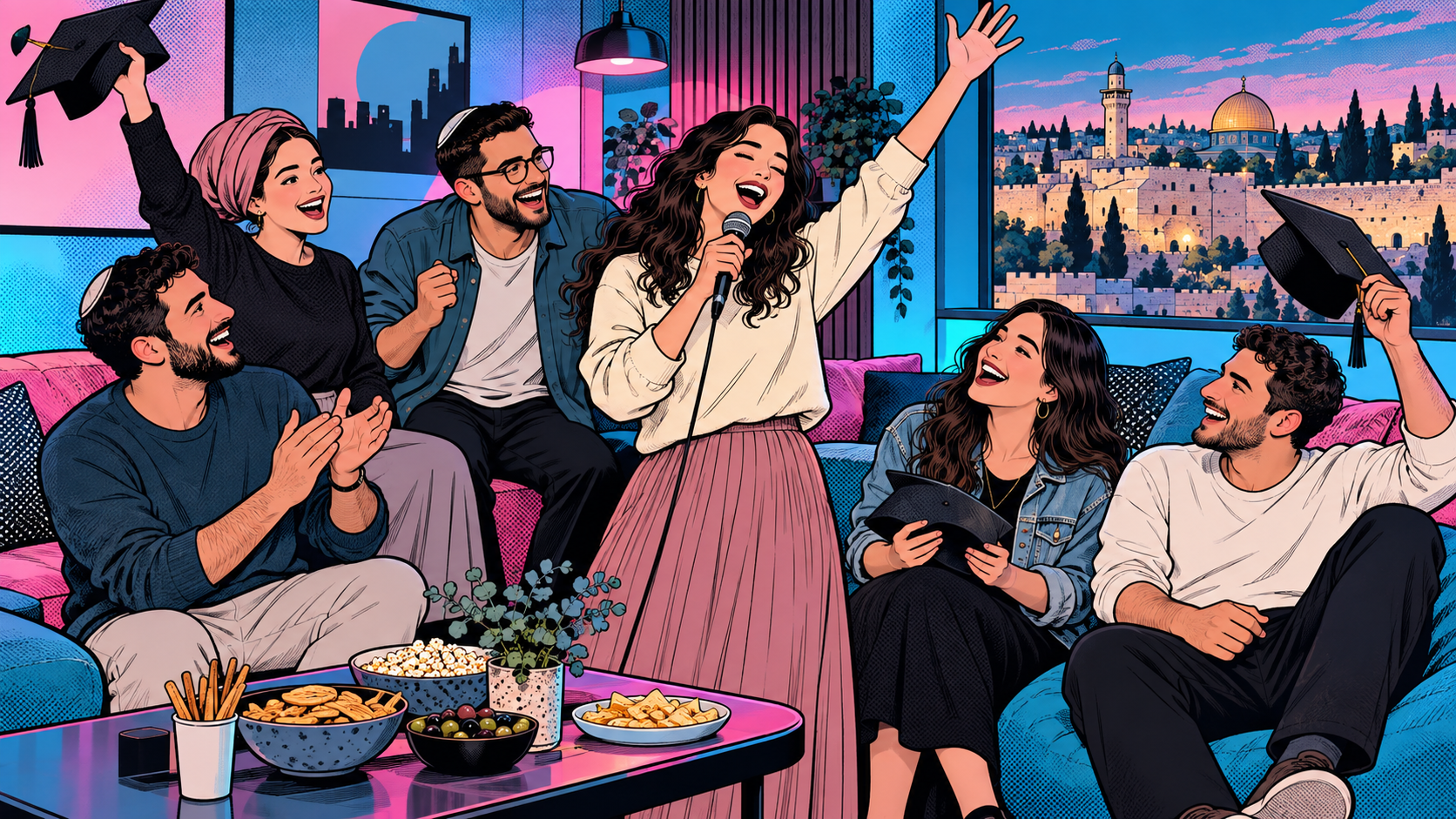 חברים חוגגים סיום לימודים עם קריוקי במתחם פרטי, באיור קומיקס