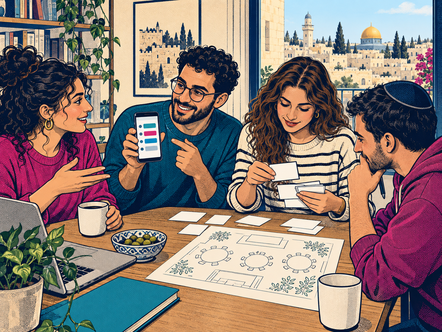 ארבעה חברים מתכננים מסיבת סיום סביב שולחן