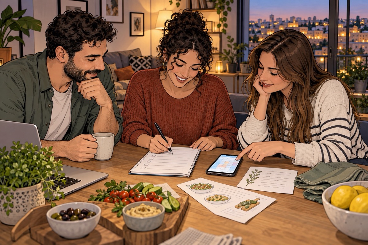 איור של שלושה חברים מתכננים יחד ערב קטן סביב שולחן