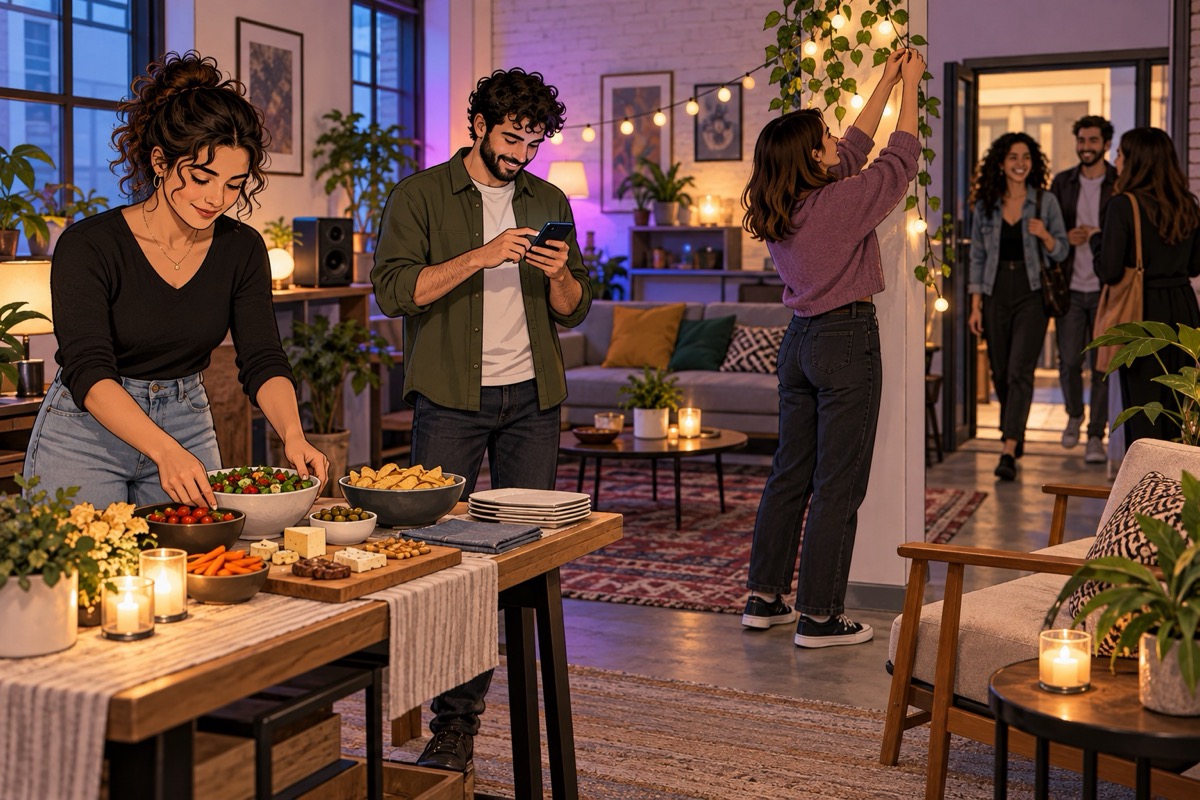 איור של חברים מחלקים ביניהם אוכל, מוזיקה וסידור חלל לפני ערב קטן