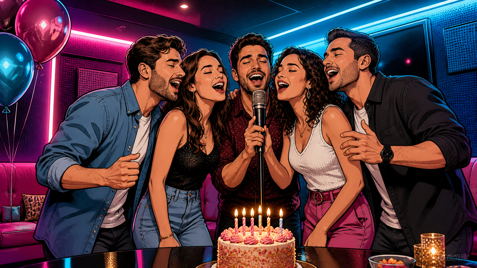 חברים שרים סביב מיקרופון ועוגת יום הולדת בחדר קריוקי