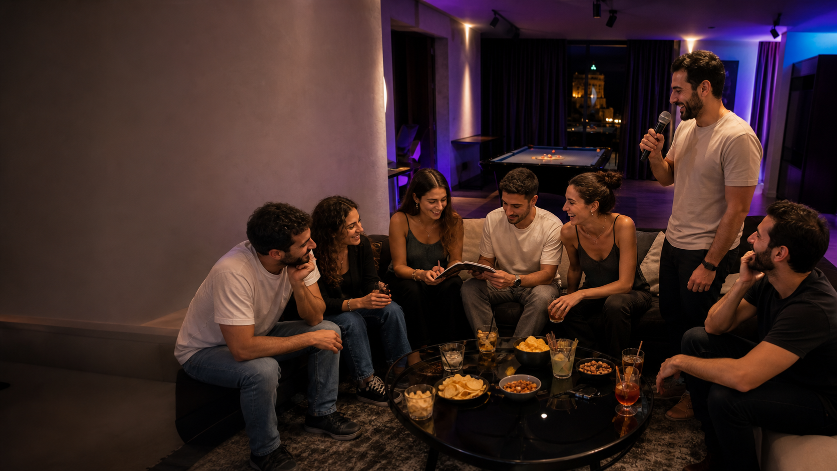 חברים יושבים יחד בערב קריוקי פרטי בירושלים