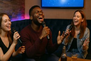 A_photograph_of_three_friends_shows_them_singing