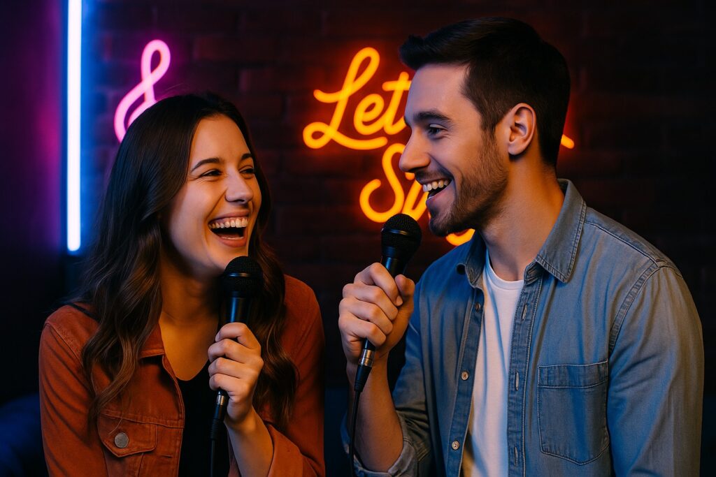 karaoke-date-night-laughing-couple-neon-signs